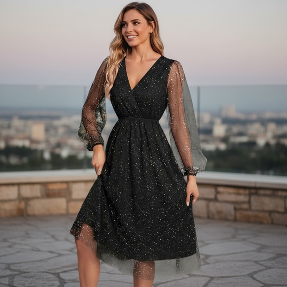 Women’s Shiny Mesh Lantern Sleeve Dress - Picture 4 of 13